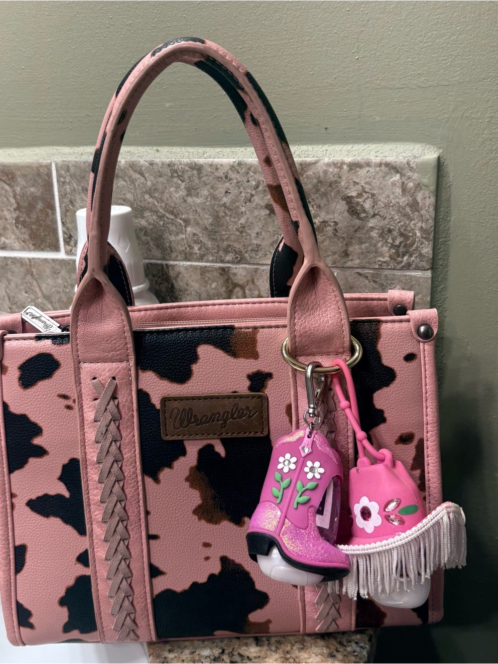Wrangler Pink Cowprint Kids Tote with Boot Charm